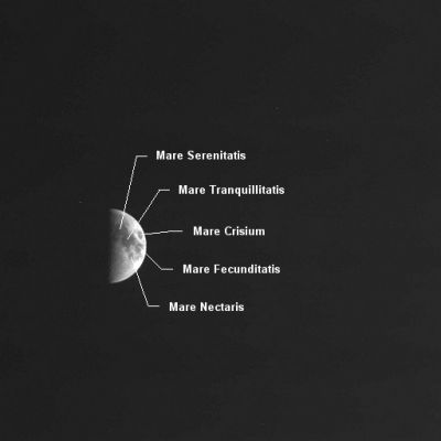 The Moon from SMART-1: a little geography
Caption ESA originale:"On 29 January 2004, between 20:00 and 21:19 UT, images of the first quarter moon were taken through several filters by the AMIE instrument. The result is a small, but impressive, image revealing, clockwise from the top: Mare Serenitatis, Mare Tranquillitatis, Mare Fecunditatis and Mare Nectaris, with Mare Crisium also visible near the limb". 
Parole chiave: The Moon