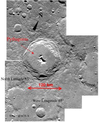 Pythagoras Crater
Caption ESA originale:"This mosaic view of Pythagoras is composed of images taken by the AMIE camera during two successive orbits on 29 and 30 December 2004 from an altitude of ~ 4000 Km. 
Pythagoras is a 120 km diameter complex large Lunar Crater characterized by a relatively flat crater floor, a central peak and terraced walls. 
The terraced walls height reaches 5000 mt."
Parole chiave: The Moon from orbit - Craters