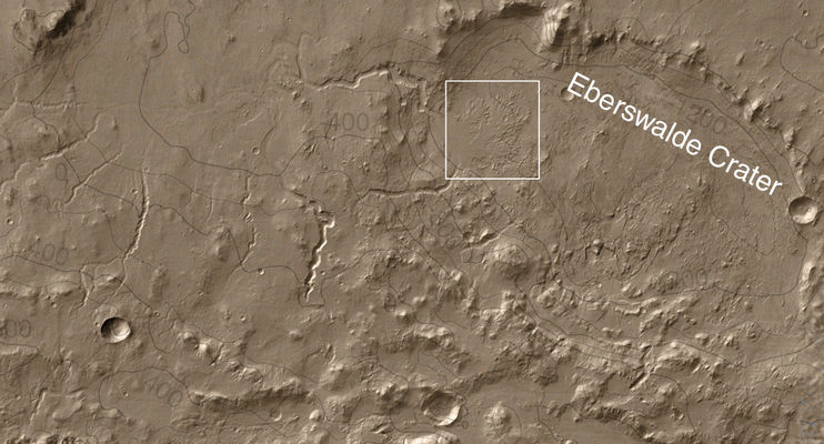 Eberswalde Crater and Delta in HR
Original caption:"Additional images from MOC provide some context and show a nearby portion of the fossil delta's inverted channels at a spatial scale of 1,5 mt (about 5 feet) per pixel. The relative positions of these 3 images are indicated in a mosaic image of the entire delta - picture (1). The first MOC narrow angle images of some of the landforms in the delta were acquired in 2000, during the MGS primary mission, but those pictures did not show very well the unambiguous inverted channel forms. Not until the second Earth year of the orbiter's extended mission were the deltaic features recognized in MOC images obtained in March and June of 2002. 
Following the initial observations in 2002, the MOC Team began a systematic effort to map the entire Eberswalde Crater delta. Most of this imaging required slewing the whole spacecraft in a technique called "roll only targeted observation" so that it pointed the camera toward the feature. In this way, the camera team was able to build up a mosaic of the delta much more quickly than would have been the case if the team had simply relied upon chance crossing of the delta by the orbiter's usual ground track. This technique was not employed during Mars Global Surveyor's primary mission, except in the search for Mars Polar Lander, but became a routine part of the tool kit during the extended mission".
Parole chiave: Mars from orbit - Craters