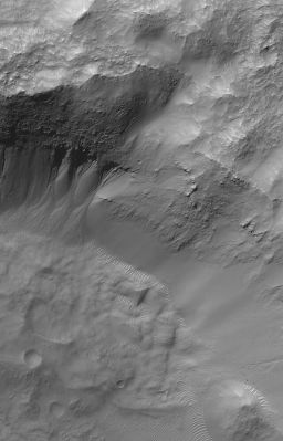 On the edge... (Original NASA/MGS/MSSS b/w Frame)
Caption NASA originale:"This MGS-MOC image shows gullies on the Wall of a Martian South Mid-Latitude Unnamed Impact Crater. The Channels in each Gully head beneath an eroding overhang of layered rock, providing support for the hypothesis that some (if not all) Martian Gullies result from release of groundwater to the Surface".

Location near: 33,0° South Lat. and 213,4° West Long.
Image width: ~3 Km (~1,9 mi)  
Illumination from: upper left  
Season: Southern Autumn
Parole chiave: Mars from orbit - Craters - Unnamed Crater with Gullies