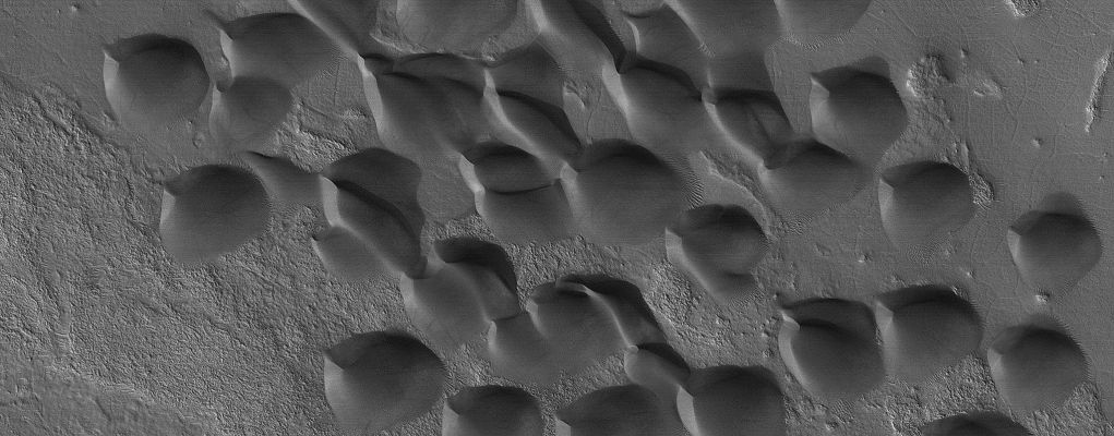 The Dunes of Wirtz Crater (Original NASA/MGS/MSSS b/w Frame)
Caption NASA originale:"This MGS-MOC image shows dark Sand Dunes, formed by winds blowing from the South-West (upper right), in Wirtz Crater. The Crater is named for Carl Wilhelm Wirtz (1876–1939), a German astronomer".  

Location near: 49,0° South Lat. and 25,5° West Long.
Image width: ~3 Km (~1,9 mi)  
Illumination from: upper left  
Season: Southern Autumn
Parole chiave: Mars from orbit - Craters - Wirtz Crater