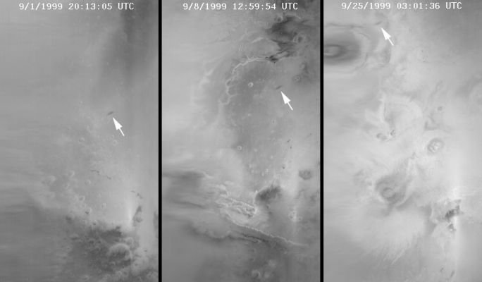 MOC Views of Martian Solar Eclipses (Original NASA/MGS/MSSS b/w Frame)
The shadow of the martian moon, Phobos, has been captured in many recent wide angle camera views of the red planet obtained by the Mars Global Surveyor (MGS) Mars Orbiter Camera (MOC). Designed to monitor changes in weather and surface conditions, the wide angle cameras are also proving to be a good way to spot the frequent solar eclipses caused by the passage of Phobos between Mars and the Sun.This picture shows three samples of MOC's global image swaths, each in this case with a shadow of Phobos visible (arrow). The first scene (left) was taken on September 1, 1999 and shows the shadow of Phobos cast upon southern Elysium Planitia. The large crater with dark markings on its floor at the lower right corner is Herschel Basin. The second scene shows the shadow of Phobos cast upon northern Lunae Planum on September 8, 1999. Kasei Valles dominates the upper right and the deep chasms of Valles Marineris dominate the lower third of the September 8 image. The picture on the right shows the shadow of Phobos near the giant volcano, Olympus Mons (upper left), on September 25, 1999. Three other major volcanoes are visible from lower-center (Arsia Mons) and right-center (Pavonis Mons) to upper-middle-right (Ascraeus Mons).
Parole chiave: Mars from orbit - Eclipse