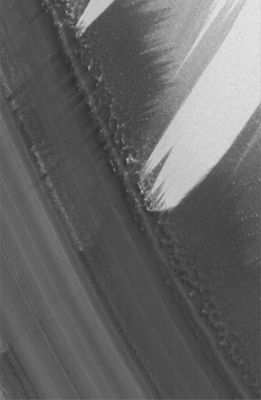 Indecipherable North Polar Landscape (Original NASA/MGS/MSSS b/w Frame)
Original caption:"This MGS-MOC image shows a slope on which layered materials are exposed by erosion in the North Polar Region of Mars. Wind streaks are also evident in this Summertime scene. 
The layers that make up the material beneath the ice of the North Polar Residual Cap are typically considered to be a mixture of some amount of dust and ice, but the proportions of these constituents are not known".

Location near: 82,6° N; 298,1° W  
Image width: ~3 Km (~1,9 mi)  
Illumination from: lower left  
Season: Northern Summer
Parole chiave: Mars from orbit - North Polar Regions