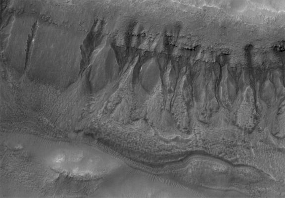 Gullies in Terra Cimmeria (Original RAW Frame)
Caption originale NASA:"This MGS-MOC image shows two suites of gullies within a single impact crater in the Terra Cimmeria Region. The gullies near the top of the image are located on the northern wall of the crater, while the lower suite resides on a lower bench in the crater's northern wall complex. Gully erosion has cut into the layered rock exposed on the crater wall. Water may have been involved in their formation". 

Location near: 38,2° South; 190,6° West
Image width: ~3 Km (~1,9 mi) 
Illumination from: upper left 
Season: Southern Summer
Parole chiave: Mars from orbit - Terra Cimmeria