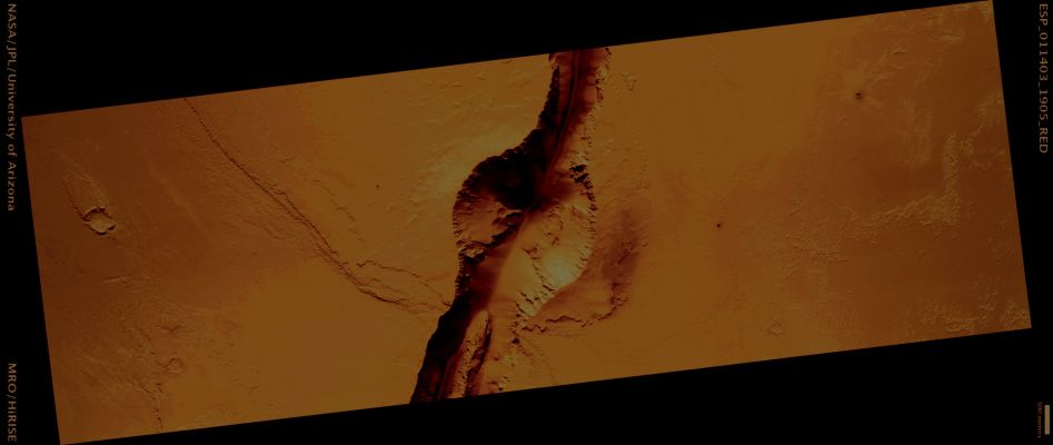 Cone at the Source of Athabasca Valles (Natural - but strongly enhanced - Colors; credits: Lunar Explorer Italia)
Mars Local Time: 15:50 (middle afternoon)
Coord. (centered): 10,2° North Lat. and 157,4° East Long.
Spacecraft altitude: 278,4 Km (such as about 174,0 miles) 
Original image scale range: 27,8 cm/pixel (with 1 x 1 binning) so objects ~ 84 cm across are resolved 
Map projected scale: 25 cm/pixel
Map projection: EQUIRECTANGULAR 
Emission Angle: 7,7° 
Phase Angle: 50,7°
Solar Incidence Angle: 58° (meaning that the Sun is about 32° above the Local Horizon)
Solar Longitude: 183,6° (Northern Autumn)
Credits: NASA/JPL/University of Arizona
Additional process. and coloring: Lunar Explorer Italia
Parole chiave: Mars from orbit - Cones - Athabasca Valles