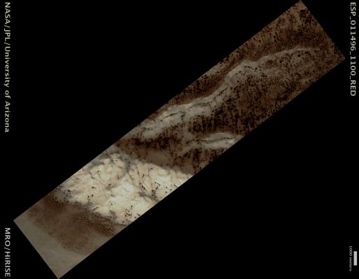 Jeans Crater's Dunefield Seasonal Monitoring (Natural Colors; credits: Lunar Explorer Italia)
Mars Local Time: 16:25 (middle afternoon)
Coord. (centered): 69,6° South Lat. and 153,3° East Long.
Spacecraft altitude: 251,1 Km (such as about 156,9 miles) 
Original image scale range: 50,2 cm/pixel (with 1 x 1 binning) so objects ~ 1,51 mt across are resolved 
Map projected scale: 50 cm/pixel
Map projection: EQUIRECTANGULAR 
Emission Angle: 9,5° 
Phase Angle: 71,0°
Solar Incidence Angle: 79° (meaning that the Sun is about 11° above the Local Horizon)
Solar Longitude: 187,7° (Northern Autumn)
Credits: NASA/JPL/University of Arizona
Additional process. and coloring: Lunar Explorer Italia
Parole chiave: Mars from orbit - Craters - Jeans Crater