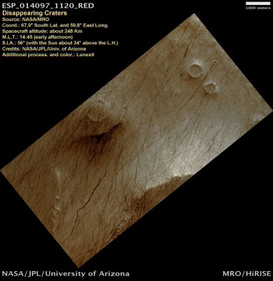 Disappearing Craters (Natural Colors; credits: Lunar Explorer Italia)
Impact Craters that form at High Latitudes often disappear faster than those that form in Equatorial Regions. The craters in this image are only barely detectable. 

Over time, craters in ice, particularly large craters, "relax". 
Their depth-to-diameter ratio decreases as the bowl of the crater gets shallower with time. The craters slowly appear softer and smoother, fading into the surrounding landscape, until they remain only as circular patterns on flat ground, before they eventually disappear altogether. The larger the crater, the faster it will relax.

The reason for the crater degradation is partly due to in-filling by snow or dust and slumping off of the crater walls, and also partly from processes that produce the patterned ground you see in this HiRISE image. But the primary reason for the shallowing is because the ground at High Latitudes on Mars is ice-rich, and ice is not very strong. At warmer temperatures found in the Inner Solar System, ice generally flows more easily than rock, so ice cannot support the structure of the crater as well as rock. The crater relaxes as the ice begins to flow back to a level surface.

All of the processes listed above have likely acted on these craters, and recently, they have also been swept by Dust Devils, which left dark streaks in their wake.
Parole chiave: Mars from orbit - DD Tracks and Buried Craters