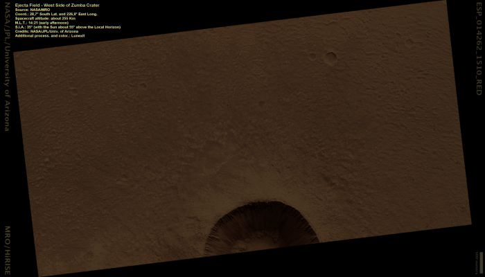 Ejecta Blanket - West Side of Zumba Crater (Natural Colors; credits: Lunexit)
nessun commento
Parole chiave: Mars from orbit - Craters - Zumba Crater