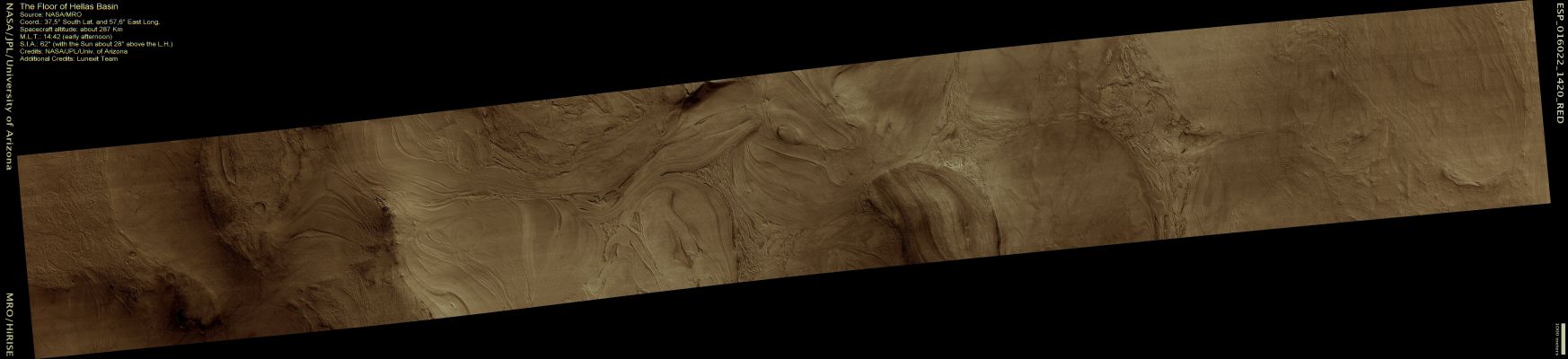 The Floor of Hellas Basin (CTX Frame - Natural Colors; credits: Dr Paolo C. Fienga - Lunexit Team)
HiRISE images are revealing some very strange landforms on the Floor of Hellas. Materials appear to have flowed in a viscous manner, like ice. 
Viscous flow features are common over the Middle Latitudes of Mars, but those in Hellas are often distinctive for unknown reasons.

Parole chiave: Mars from orbit - Hellas Planitia Region