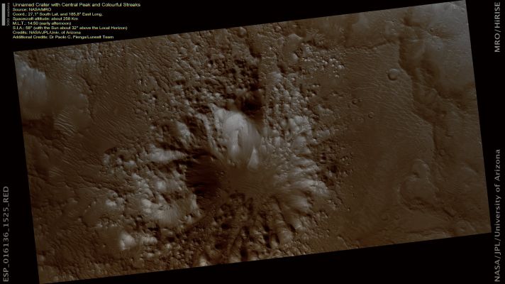 Colourful Streaks (CTX Frame - Natural Colors; credits: NASA/JPL/Univ. of Arizona and Dr Paolo C. Fienga - Lunexit Team)
This is an image of the Central Pit of an Unnamed Impact Crater located in the ancient Southern Highlands.
The Central Uplifts of large Impact Craters often collapse to form Pits on Mars, but they are still structural Uplifts and often expose deep Bedrock with diverse rock types which, like in this case (see the EDM that follows) may show a variety of colors.
Parole chiave: Mars from orbit - Craters - Unnamed Crater with Central Pit