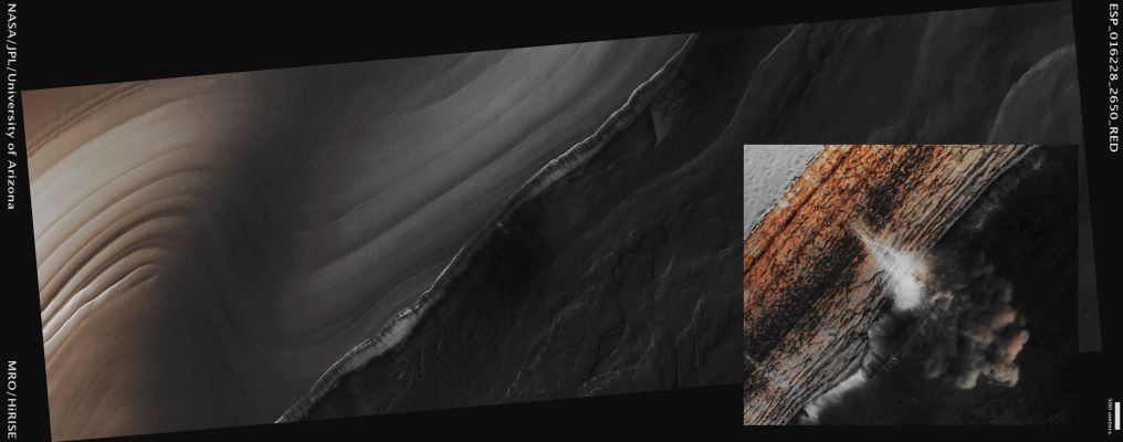 North Polar Avalanches (CTX Frame and EDM - Absolute Natural Colors; credits for the additoonal process. and color.: Dr Paolo C. Fienga - Lunexit Team)
Mars Local Time: 12:36 (Early Afternoon)
Coord. (centered): 85,0° North Lat. and 151,5° East Long.
Spacecraft altitude: 320,0 Km (such as about 200,0 miles) 
Original image scale range: 32,0 cm/pixel (with 1 x 1 binning) so objects ~ 96 cm across are resolved 
Map projected scale: 25 cm/pixel
Map projection: POLAR STEREOGRAPHIC
Emission Angle: 1,7° 
Phase Angle: 71,6°
Solar Incidence Angle: 70° (meaning that the Sun is about 20° above the Local Horizon)
Solar Longitude: 36,6° (Northern Spring)
Credits: NASA/JPL/University of Arizona
Additional process. and coloring: Dr Paolo C. Fienga - Lunar Explorer Italia
Parole chiave: Mars from orbit - North Polar Regions - Avalanches