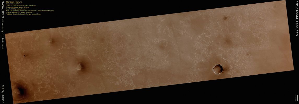 On the Edge of Concepcin (CTX Frame - Natural Colors; credits: Dr Paolo C. Fienga - Lunexit Team)
This image was acquired by HiRISE on 13 February 2010, on Sol 2153 of Opportunity’s Mission on Mars. 
Note the Rover Tracks in the Ripples to the North and North-West of the Rover. Scientists use these high-resolution images (about 25 cm/pixel) to help navigate the Rover. In addition, Rover exploration of areas covered by such high-resolution images provides “ground truth” for the orbital data.
Parole chiave: Mars from orbit - Meridiani Planum