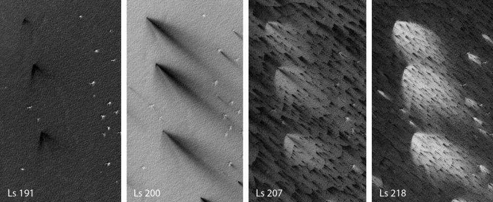 Evolution of Southern Fans (an Image-Mosaic by NASA/JPL/University of Arizona)
This is a sequence of 4 images acquired in Early Southern Spring over a particular spot in the South Polar Region. The changes in patterns are so great over just half a season that it is difficult to believe that the images cover the same ground. This composite helps by focusing on 3 distinctive Fans as they evolve. The Dark Fans turn into broad Bright Fans, then new small Dark Fans form inside the old Bright Fans. The newer Dark Fans form along cracks forming polygonal or other patterns. 

These changes are driven by Sublimation and Condensation of volatiles, primarily CO2. Sunlight passes through the Ice to warm Subsurface Pockets of Gas which escape to form cold jets and the wind blows to form Fans on the Surface, depositing Dark Dust and Bright Frost.

Note: The Martian year is measured by 360° of Areocentric Longitude of the Sun or "Ls", where Ls 180-270 marks Southern Spring and Northern Fall. The Ls of each image is marked in each subframe and covers only 30% of the Spring.
Parole chiave: Mars from orbit - South Polar Features - Fans