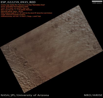 Cracks near Spider-like Features in Ice-free "Manhattan Zone" (Absolute Natural Colors; credits for the additional process. and color.: Dr Paolo C. Fienga - Lunexit Team)
nessun commento
Parole chiave: Mars from orbit - South Polar Features - Spiders