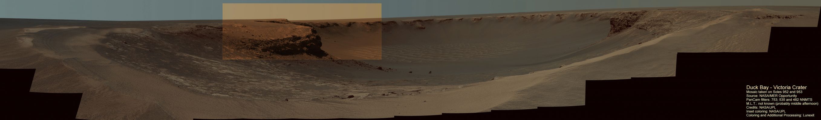 Welcome to Victoria Crater! (possible natural colors; elab. Lunexit - inset: elab. NASA)
Caption NASA:"This image taken by the Panoramic Camera (PanCam) on the Mars Exploration Rover (MER) Opportunity shows the view of Victoria Crater from Duck Bay. Opportunity reached Victoria Crater on Sol 951 (September 27, 2006) after traversing 9,28 Km (5,77 miles) since her Landing Site at Eagle Crater. 
Victoria Crater is roughly 800 mt (about 0,5 mile) wide -- about 5 times wider than Endurance Crater, and 40 times as wide as Eagle Crater. The south face of the 6 mt (20 foot) tall layered Cape Verde promontory can be seen in the left side of the inner crater wall, about 50 mt (approx. 165 feet) away from the Rover at the time of the imaging. The north face of the 15 mt (50 foot) tall stack of layered rocks called Cabo Frio can be seen on the right side of the Inner Crater Wall. 
This mosaic was taken on Soles 952 and 953 (September 28 and 29, 2006). 
There are 30 separate pointings through 6 different filters at each pointing. 
This mosaic was generated from Pancam's 753, 535 and 482 nnmts filters".
Parole chiave: Victoria Crater