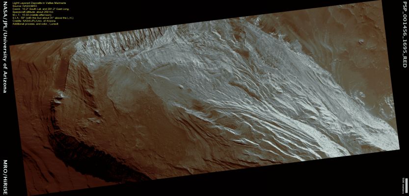 Light Layered Deposits in Valles Marineris Region (CTX Frame - Natural Colors; credits: Lunexit)
This image shows bright Layered Deposits near the junction of Coprates Chasma and Melas Chasma, both part of the Valles Marineris Canyon System. 

The Outcrop visible in this frame is found in a wide Alcove located in the Northern Wall and it forms a broad mound which is several kilometers wide; dark, wind-blown materials cover it in places. 
Similar light-toned rock occurs in many places of the Valles Marineris.

An important question is when these materials formed: were they deposited within the Troughs after they opened and then eroded, or are they remnants of the Wall Rock? 
Analysis of the orientation of the layers using HiRISE images may help scientists answer this question.
There are no fresh Impact Craters preserved on the Outcrop Surface, suggesting that the Layered Deposits are being eroded rapidly enough to erase the Craters. 

In many places, the light rocks have regular fractures called "Joints". Joints are common in Earthly rocks and HiRISE images show them in many places on Mars as well. 
These Joints can provide information about the forces that affected - in time - the rocks of this area, and therefore they could also help us to (at least partially) unravel the Geologic History of Mars in general and this Outcrop in particular.
Parole chiave: Mars from orbit - Layered Deposits