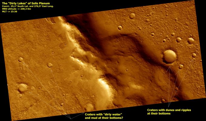 The "Dirty Lakes" of Solis Planum (False Colors)
Le immagini sino ad oggi ottenute dalla Sonda NASA "Mars Reconnaissance Orbiter" posseggono una qualità visiva semplicemente straordinaria: un fatto evidente ed incontestabile (altro che le orribili mistificazioni ESA-Mars Express!). Ed è proprio grazie a questa qualità che, un passo alla volta, stiamo incominciando a vedere Marte davvero come nessuno mai lo aveva visto prima. Un Marte sempre più affascinante, enigmatico e...vivo!
Dopo il Lago Gelato di Vastitas Borealis e dopo gli altri tre Laghi che riteniamo di aver individuato nelle Pianure Nordiche, ecco un frame su cui riflettere. 
Anche in questa immagine, infatti, riteniamo di aver individuato, sul fondo di svariati crateri, la presenza di "qualcosa" che non pare proprio essere sabbia, o terriccio o, comunque, il prodotto di un semplice accumulo di sabbie e polveri.

Osservate Voi stessi: sul fondo di alcuni crateri (specie quelli posizionati alla Vostra Sx) c'è qualcosa che evidenzia una tessitura morbida e semi-trasparente. Non stiamo parlando certamente nè di sabbie, nè di polveri ultrasottili. Stiamo parlando, con ogni probabilità, di "acque fangose" (e quindi torbide o "sporche", come le abbiamo noi stessi - scherzosamente - definite). Acque ancora liquide, molto probabilmente, che ci sembra facile individuare anche grazie alla contemporanea presenza, sulla medesima porzione di territorio, di crateri che, invece, sono chiaramente "vuoti" oppure che vedono la presenza sui loro fondi delle ormai caratteristiche "dunette fangose" che già abbiamo visto MOLTO da vicino studiando i Crateri Endurance e Victoria.

Ora guardate il tutto ancora una volta Voi stessi e poi, se volete, diteci che cosa ne pensate...
Parole chiave: Mars from orbit - Possible "Lakes" in Solis Planum Region