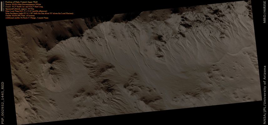 Section of the Outer Rim of Hale Crater (CTX Frame - Absolute Natural Colors; credits for the additional process. and color.: Dr Paolo C. Fienga - Lunexit Team)
This observation shows Hale Crater, a rather large, pristine elliptical crater approximately 125 x 150 Km in diameter. Hale Crater possesses sharp features, impact melt bodies ponded through out the structure and few overprinting Impact Craters. These attributes indicate that it is relatively young and certainly well-preserved - likely the youngest crater of this size on Mars.

Present on the Crater Walls are a large number of Gullies, some with Light-Toned Deposits. The Gullies visible here are very well developed, and many are cut deeply into the Hale's Walls. Several have "Braided Channels" suggestive of repeated flow. Some of the Gullies have Boulders littered throughout their Channels. This could be a result of a fluid preferentially transporting smaller particles and leaving larger rubble behind. 
The composition of the Light-Toned Deposits are currently unknown. The CRISM Visible-InfraRed Spectrometer, HiRISE's sister instrument on MRO, may be able to shed some light on the composition of these materials.

In one place along the Crater Rim, Gullies are visible on both sides of the Rim (see the EDM that follows). This has only been seen in a few locations on Mars.
Parole chiave: Mars from orbit - Craters - Hale Crater