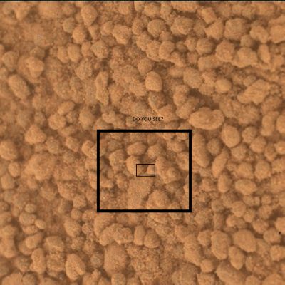 Do you see it now?!? - Sol 3749
Tre ipotesi: luce proveniente da un "Laser Pointer" collocato sulla testa del Rover; un difetto dell'immagine; un cristallo che brilla sotto il Sole. Ce ne sarebbe anche una quarta, ma Ve la risparmio...
Parole chiave: Martian Surface - possible Anomaly