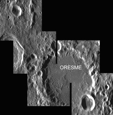 Oresme Crater
Caption ESA:"This image mosaic was obtained by the AMIE camera onboard the SMART-1 spacecraft. The most prominent feature is the 76 Km crater Oresme that originated in the Nectarian age. 
It is located on the Far-Side of the Moon, across the North-Western part of the Lunar South Pole-Aitken Giant Impact Basin".
Parole chiave: The Moon from orbit - Craters - Oresme